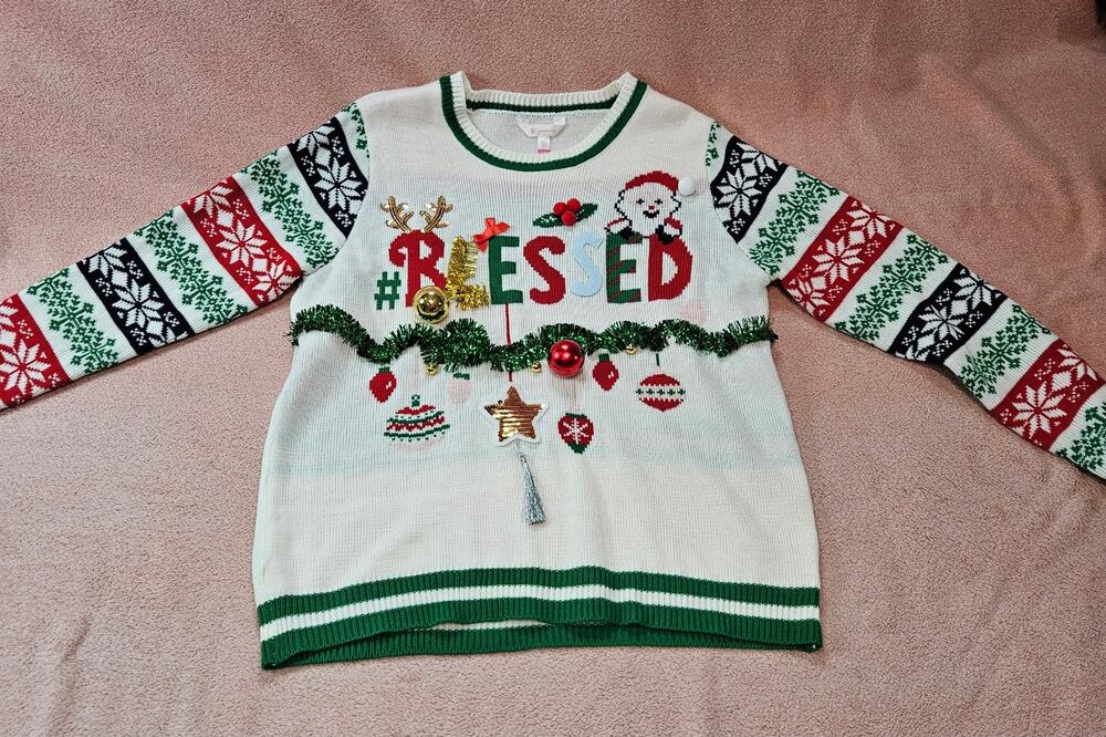 No Boundaries XL White & Green Ugly Christmas Sweater Blessed 3D Ornaments